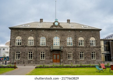 Reykjavík, Iceland - July 4, 2022 A Horizontal View Of The Althingi Parliament House, A Classical 19th Century Structure Which Stands By Austurvöllur In Central Reykjavík, Iceland.