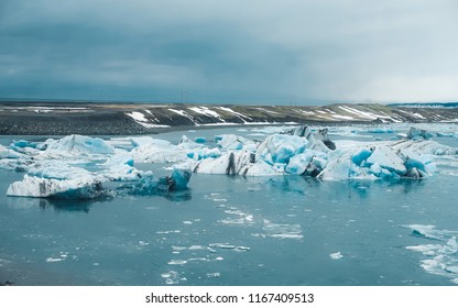 Iceland landscape. Iceberg in Jokulsarlon glacial lagoon, near the glacier Vatnajokull. Tourist attraction, panoramic view.