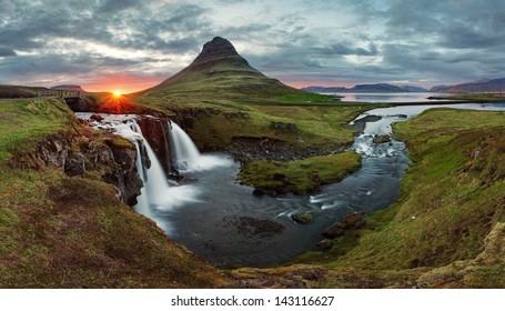 Iceland Landscape Spring Panorama At Sunset -  Kirkjufell