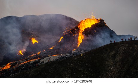 Grindavík, Iceland - March 20th 2021: An active volcanic crater in Mt Fagradalsfjall, Southwest Iceland. The dramatic eruption is ongoing as of March 21st.