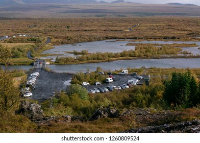 Iceland - November 4, 2018: Landscape In Iceland,mountains And Moss All Over The Place. Þingvallavatn Lake.