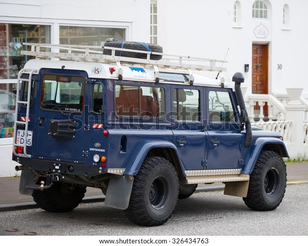 ICELAND, REYKJAVIK - SEP 13: Land Rover Defender on\
Sep. 13, 2015 in Reykjavik, Iceland. The iconic and legendary Land\
Rover Defender was issued in 1983. It goes out of production in\
Dec. 2015.