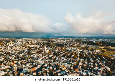 Iceland Is Reykjavik. View Of The City At Sunset From A Drone.