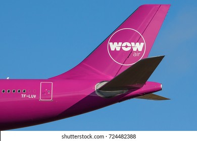 Iceland - September 28, 2017 : WOW Air Logo On A Aircraft Tail.