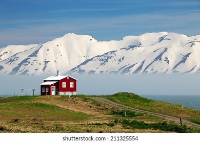 Iceland Summer Landscape. Fjord, House, Mountains