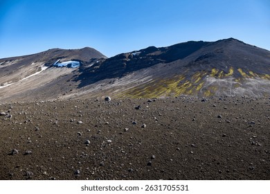 Islandia, vasto y estéril paisaje de Snæfellsjökull muestra rocas volcánicas oscuras, manchas de nieve y musgo verde vibrante contra un telón de fondo de cielo azul brillante.