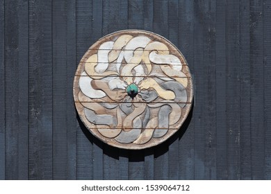 Iceland, Viking Shield On A Wooden Wall