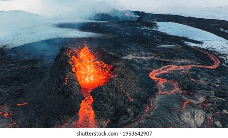 Iceland Volcanic eruption 2021. The volcano Fagradalsfjall is located in the valley Geldingadalir close to Grindavik and Reykjavik. Hot lava and magma coming out of the crater. - Shutterstock ID 1953642907