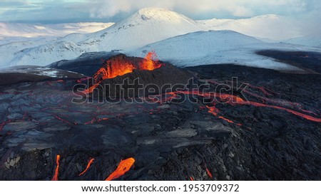 Iceland Volcanic eruption 2021. The volcano Fagradalsfjall is located in the valley Geldingadalir close to Grindavik and Reykjavik. Hot lava and magma coming out of the crater.