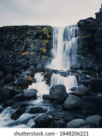 Þingvellir Iceland, Waterfall Dark Stones