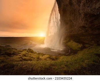Iceland Waterfall Dreamy Sunset Seljalandfoss in the Autumn Tourism
