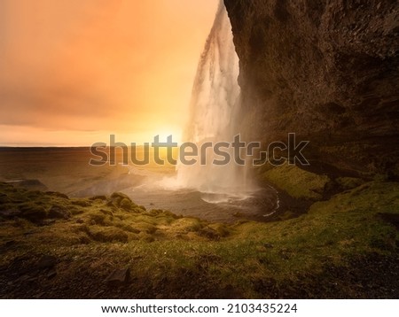 Iceland Waterfall Dreamy Sunset Seljalandfoss in the Autumn Tourism