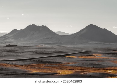 Icelandic black rock highlands with mountains in the background, a road leading to the horizon, a white sky,and some orange moss on it. - Powered by Shutterstock