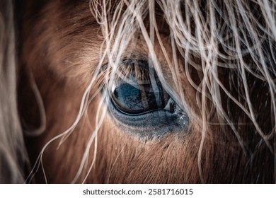 The Icelandic horse's eye peeks out from its furry coat in the cold Icelandic winter.