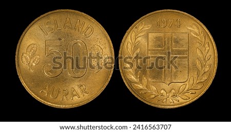 Icelandic krona coin closeup, money of Iceland, aurar