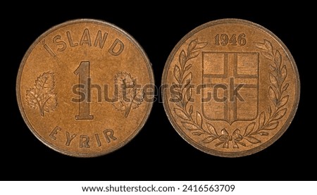 Icelandic krona coin closeup, money of Iceland, eyrir