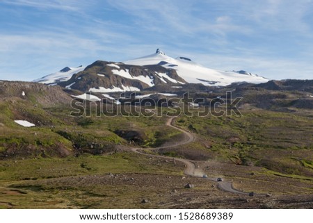 Icelandic landscape. Snaefellsjokull volcano in Iceland. Road to Snaefellsjokull mountain. Snaefellsnes national park.