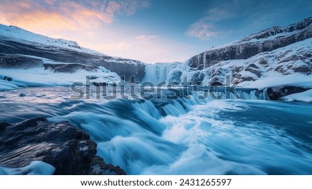 Iceland's Winter Magic The Frozen Majesty of Godafoss Waterfall at Twilight
