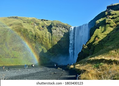 Iceland-view of Skógafoss waterfall and rainbow
