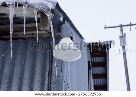 Icicles hanging down on a rustic metal barn roof from corrugated metal roof