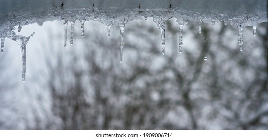icicles hanging at the gutter under the roof in winter