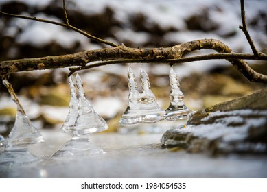 icicles on the river inside the dark forest