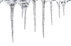 Icicles Which Are Hanging Down From A Roof. Isolated On White With Clipping Path
