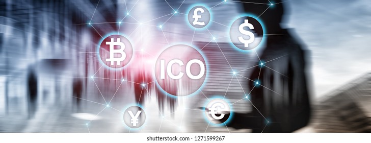 ICO - Initial coin offering, Blockchain and cryptocurrency concept on blurred business building background. - Shutterstock ID 1271599267