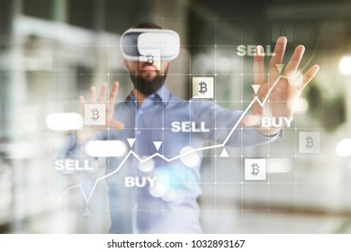 ICO, Initial Coin Offering. Digital electronic binary money financial concept. Bitcoin currency exchange graphs on virtual screen interface.