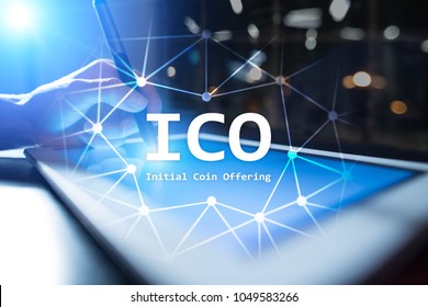 ICO, Initial Coin Offering. Digital Electronic Binary Money Financial Concept. Bitcoin Currency Exchange On Virtual Screen Interface.