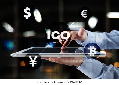 ICO, Initial Coin Offering. Digital Electronic Binary Money Financial Concept. Bitcoin Currency Exchange On Virtual Screen Interface.