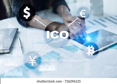 ICO, Initial Coin Offering. Digital electronic binary money financial concept. Bitcoin currency exchange on virtual screen interface.