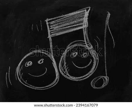 Icon cheerful musical notes, hand draw chalk on chalkboard, blackboard texture