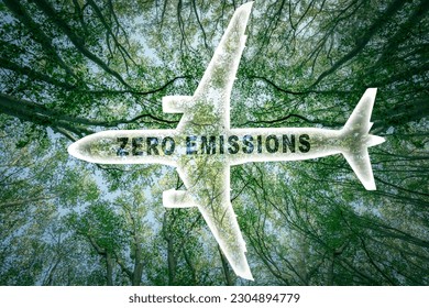 Icon of a commercial airplane with the words 'zero emissions' and a lush forest in the background.
