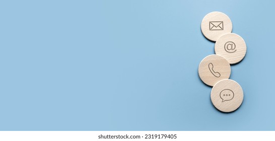 Icon of communication type on wooden circle. Contact us or Customer support hotline people connect. - Powered by Shutterstock