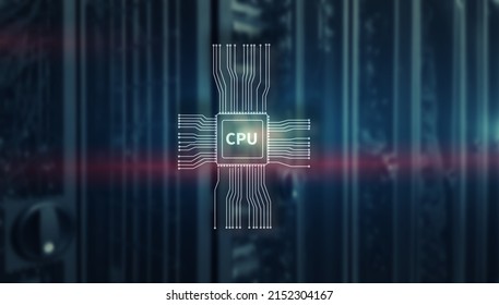 Icon CPU On The Background Of A Large Data Center.