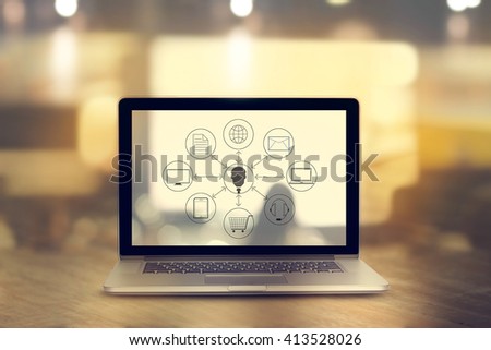 Icon customer network connection on laptop screen, Omni Channel 