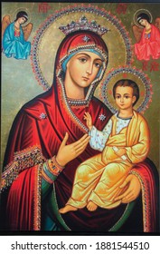 An icon with the Mother of God and the baby Jesus at the Sihastria monastery - Romania 20.Dec.2020 Various icons are made in the monastery's workshops