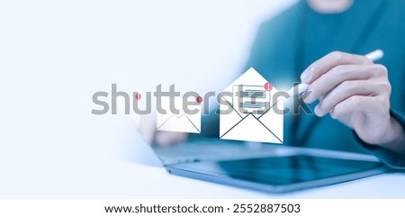 icon opens a new email. send an information message email from the tablet. smart SMS mail on digital. business communication contact newsletter concept. marketing social media. write text on the web