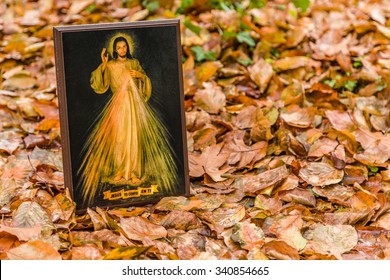 an icon with the picture of the Merciful Jesus among fallen leaves in Autumn: the translation of the Spanish sentence on the ribbon, Jesus yo confio en ti,  is Jesus, I trust in you