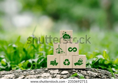 icon reduction of carbon emissions, carbon neutral, Net zero greenhouse gas emissions target, reducing carbon footprint concept, and CO2 emissions target on wooden cubes. circular economy concept