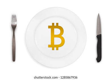 Icon Of Virtual Electronic Gold Money Of Bitcoin Served On White Empty Plate. Concept. Isolated