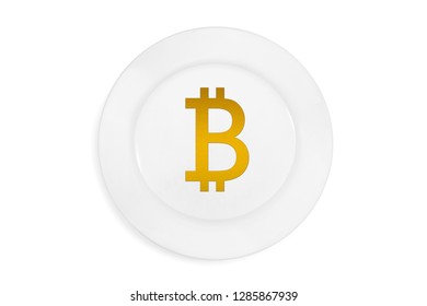 Icon Of Virtual Electronic Gold Money Of Bitcoin Served On White Empty Plate. Concept. Isolated