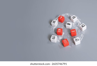 Icon with white and red cube for difficulty of doing global business. Challenge from uncertainty and legal compliance. Taxes for international  trade between countries. World economy.