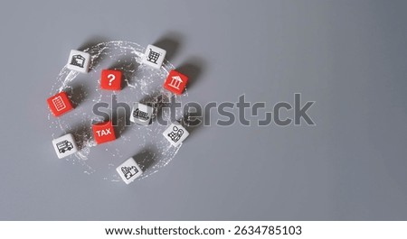 Icon with white and red cube for difficulty of doing global business. Challenge from uncertainty and legal compliance. Taxes for international  trade between countries. World economy.