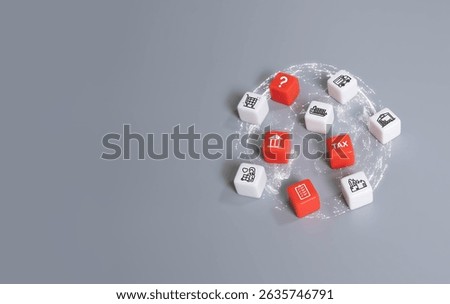 Icon with white and red cube for difficulty of doing global business. Challenge from uncertainty and legal compliance. Taxes for international  trade between countries. World economy.