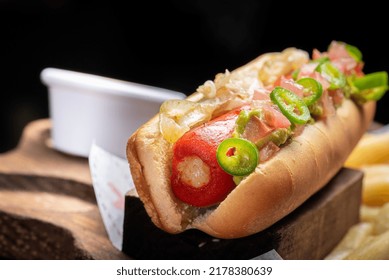 Iconic American food, hotdog, French fries, cheese, bacon, gourmet - Powered by Shutterstock