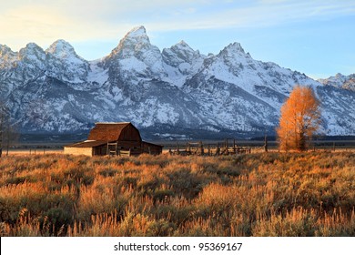 Iconic Barn In Grand Tetons National Park At Sunset