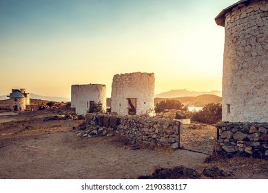 Iconic Bodrum (Turkey) Windmills On The Hill At Summer Evening. Toned Image.