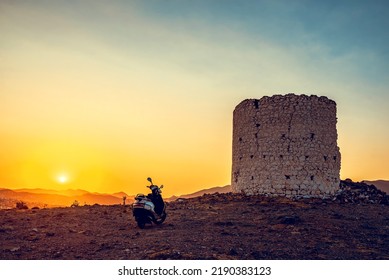 Iconic Bodrum (Turkey) Windmills On The Hill At Summer Evening. Toned Image.